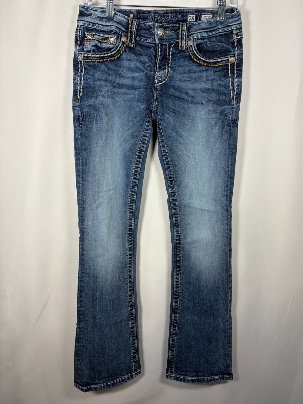 Y2K Miss Me Jeans Low Rise Thick Stitch Gemstone Boot Cut Denim Pants